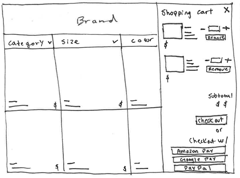 Additional sketch exploring product browsing and checkout structure