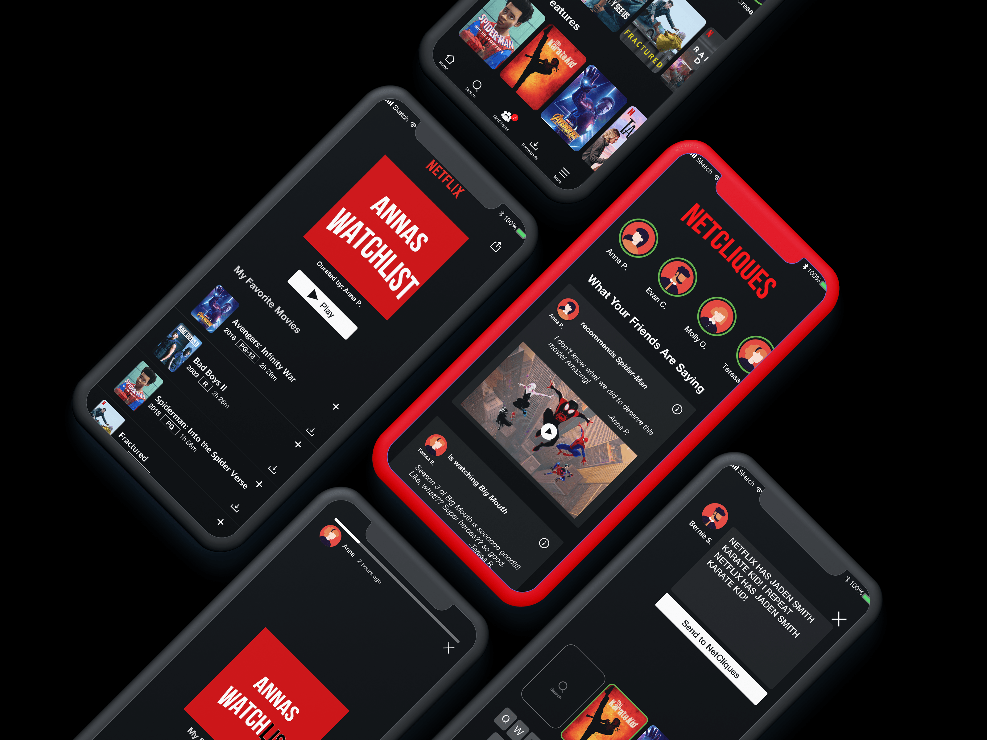 NetCliques mobile prototype screens arranged on a dark background