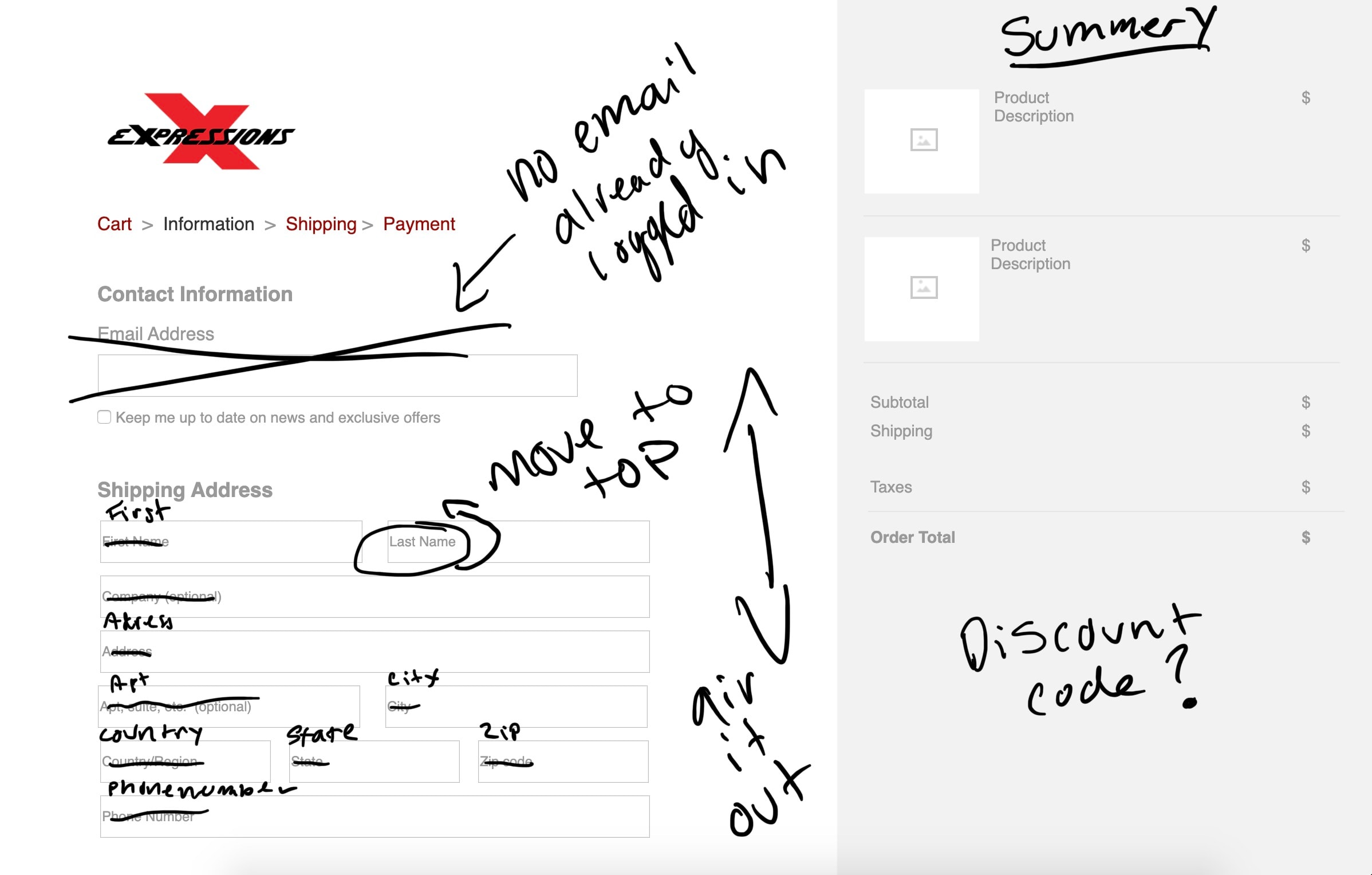 Iteration screen 4 — annotated wireframe from usability testing