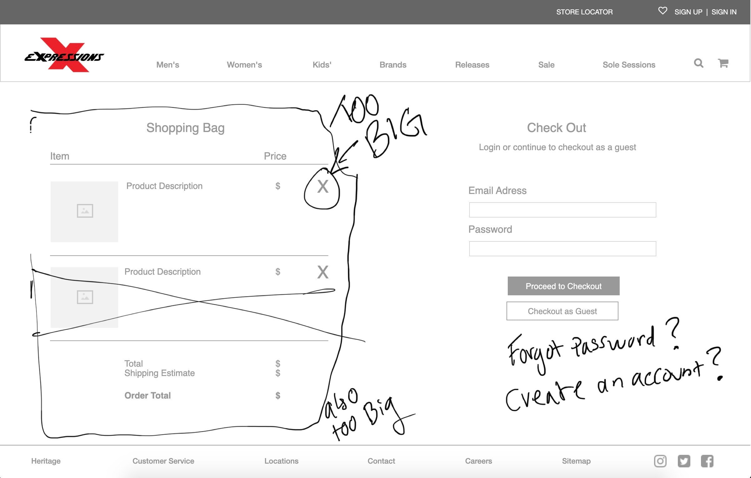 Iteration screen 5 — annotated wireframe from usability testing
